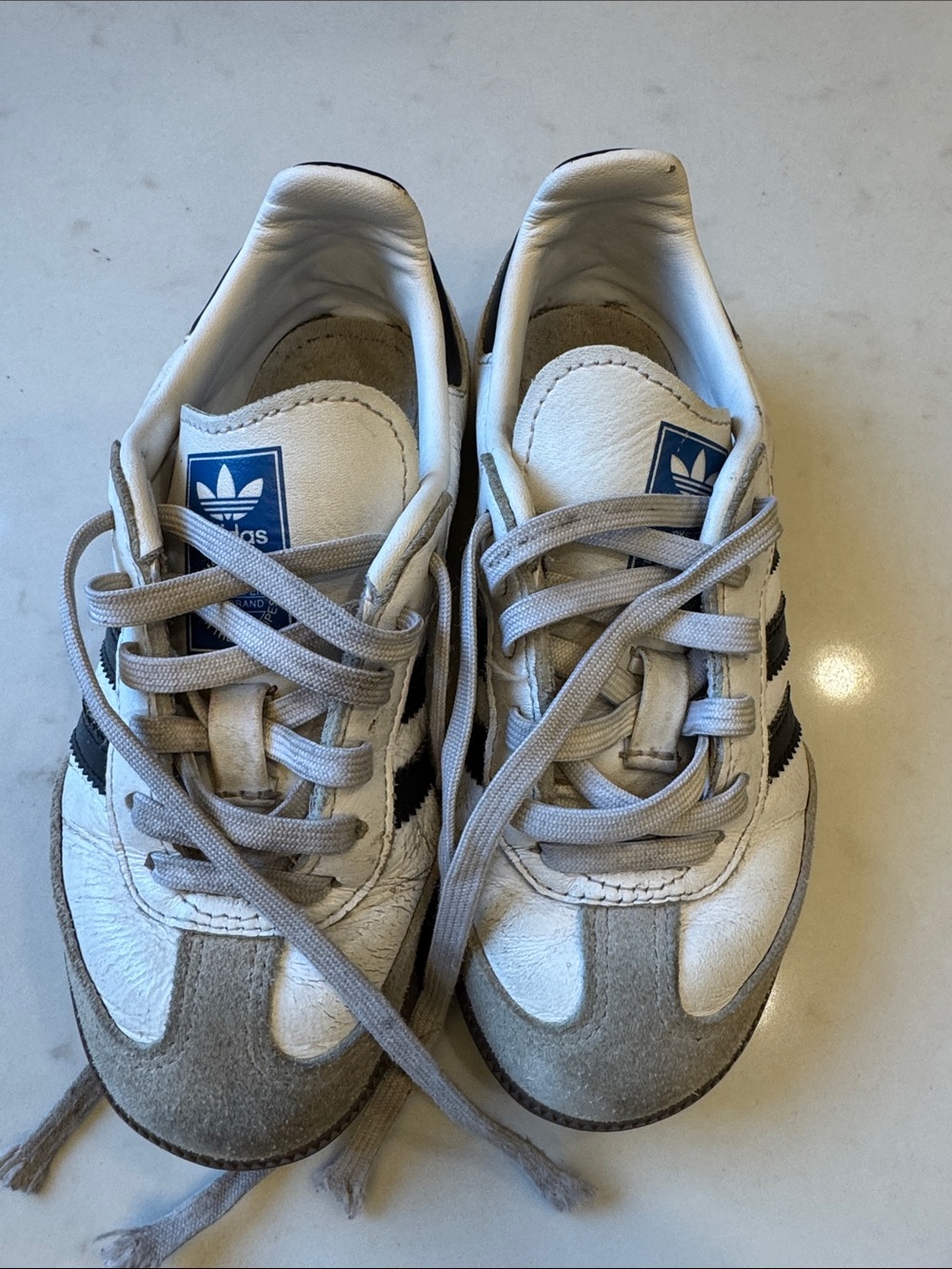 adidas White, Gray & Blue Leather samba Sneakers 11.5
